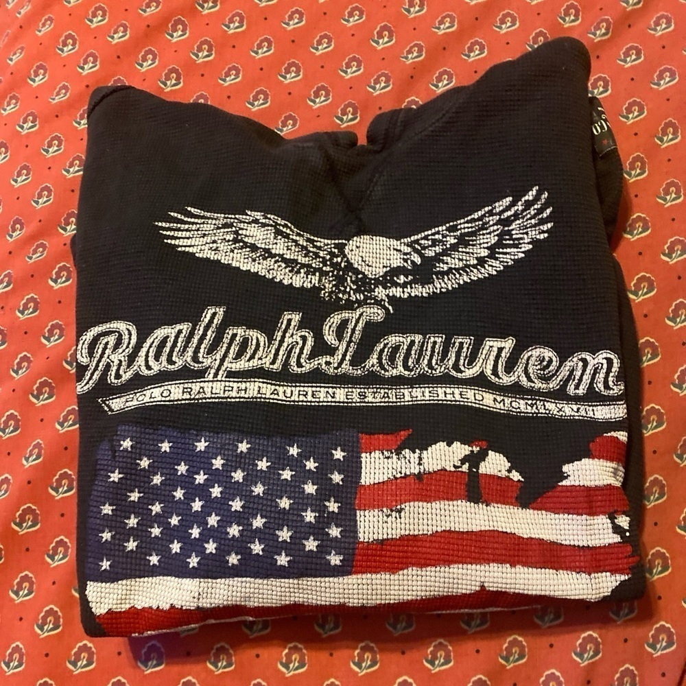 Ralph Lauren Polo hoodie black w/ American flag‎ logo size Med 10/12